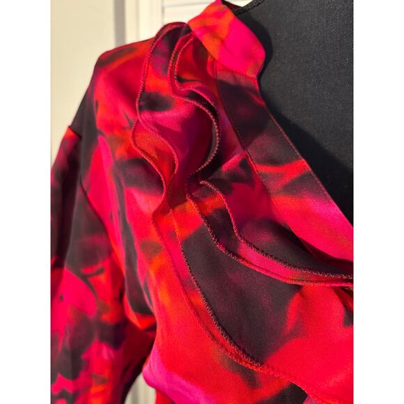ANN KLEIN Red Floral Print Button
Down Blouse with Ruffles - Picture 3 of 8